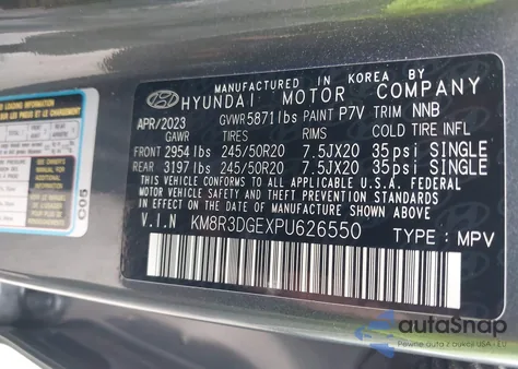 2023 Hyundai Palisade Xrt from USA, damaged, VIN KM8R3DGEXPU626550